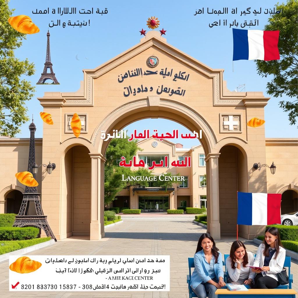 A promotional poster for French language classes at Amir Kabir University Language Center, prominently featuring the entrance arch of Amir Kabir University