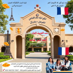 A promotional poster for French language classes at Amir Kabir University Language Center, prominently featuring the entrance arch of Amir Kabir University