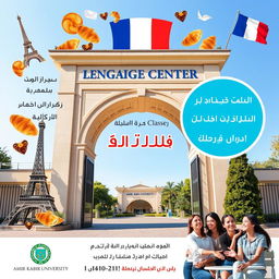 A promotional poster for French language classes at Amir Kabir University Language Center, prominently featuring the entrance arch of Amir Kabir University