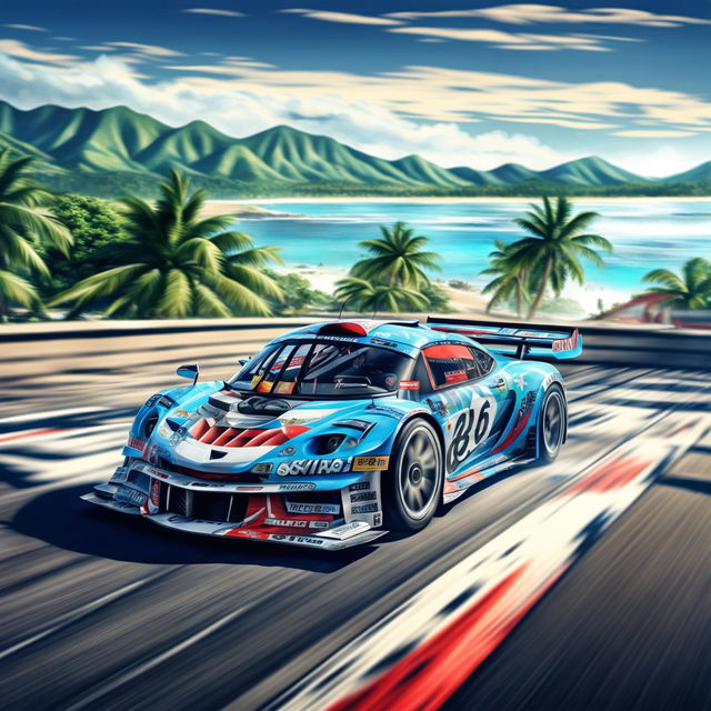 The digital art image features a race car from the Northern Mariana Islands, decorated with traditional Carolinian and Chamorro motifs and the islands' flag colors