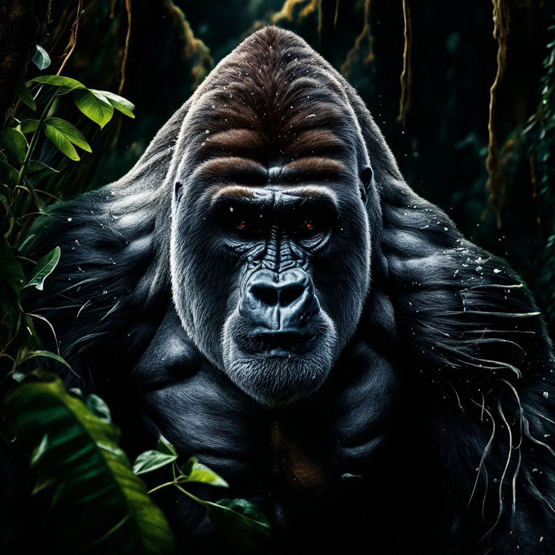 A digital art image depicting a powerful, determined gorilla in a lush jungle