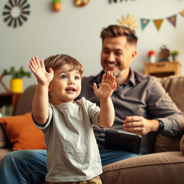 A young child with a hopeful expression is standing in front of his father, who is sitting on a couch