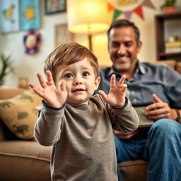 A young child with a hopeful expression is standing in front of his father, who is sitting on a couch
