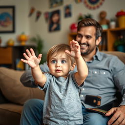 A young child with a hopeful expression is standing in front of his father, who is sitting on a couch