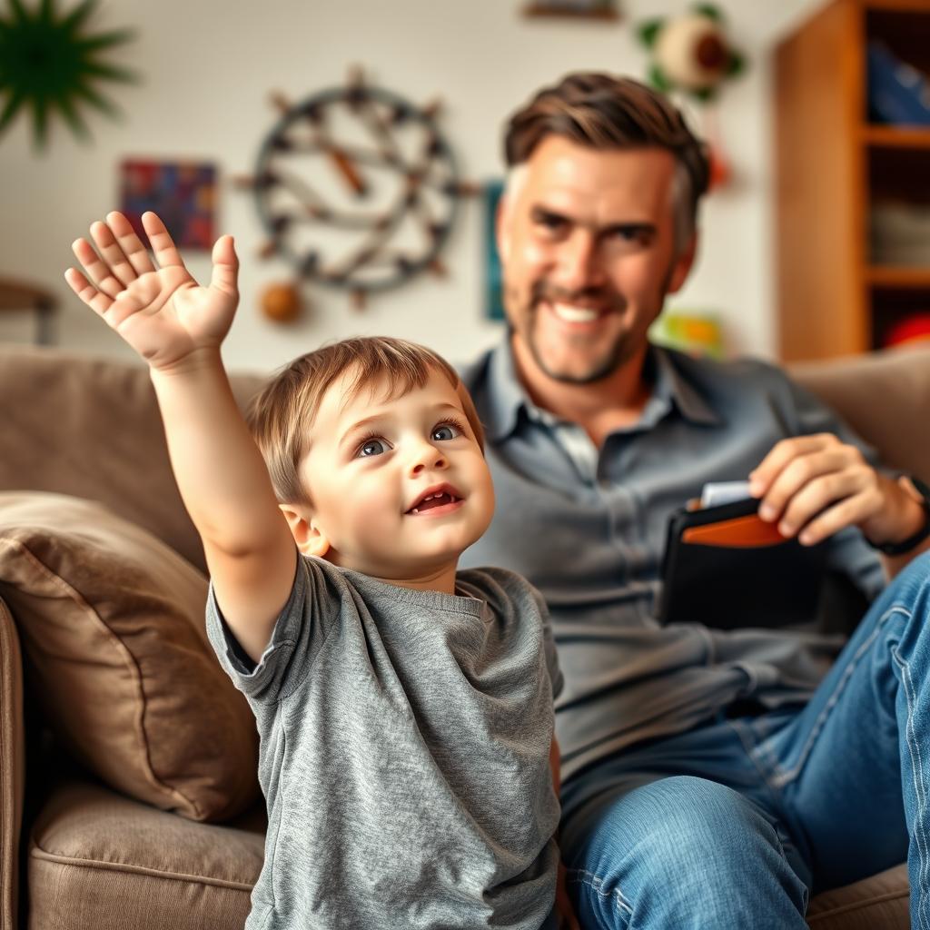 A young child with a hopeful expression is standing in front of his father, who is sitting on a couch