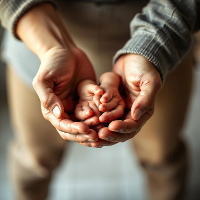 A heartwarming scene depicting a mother's hands gently cradling a baby's tiny hands, which are situated between the mother's hands