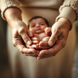 A heartwarming scene depicting a mother's hands gently cradling a baby's tiny hands, which are situated between the mother's hands