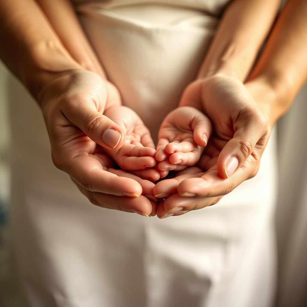 A heartwarming scene depicting a mother's hands gently cradling a baby's tiny hands, which are situated between the mother's hands