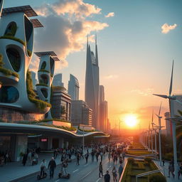 A futuristic cityscape set fifty years from now, featuring advanced architecture with sleek, organic designs and floating structures