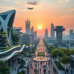 A futuristic cityscape set fifty years from now, featuring advanced architecture with sleek, organic designs and floating structures