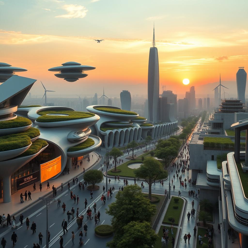 A futuristic cityscape set fifty years from now, featuring advanced architecture with sleek, organic designs and floating structures