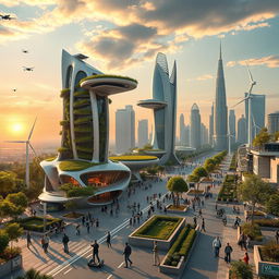A futuristic cityscape set fifty years from now, featuring advanced architecture with sleek, organic designs and floating structures