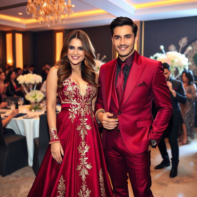 A stylish couple at a fashionable party, showcasing elegance in their attire