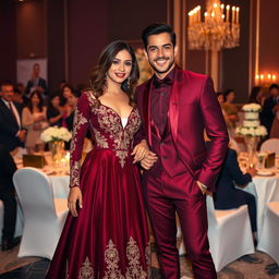 A stylish couple at a fashionable party, showcasing elegance in their attire