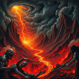 A vivid and dramatic depiction of Hell, featuring fiery landscapes, with rivers of lava flowing through a barren, desolate terrain