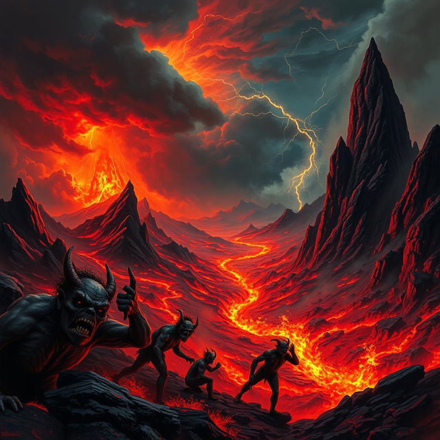 A vivid and dramatic depiction of Hell, featuring fiery landscapes, with rivers of lava flowing through a barren, desolate terrain