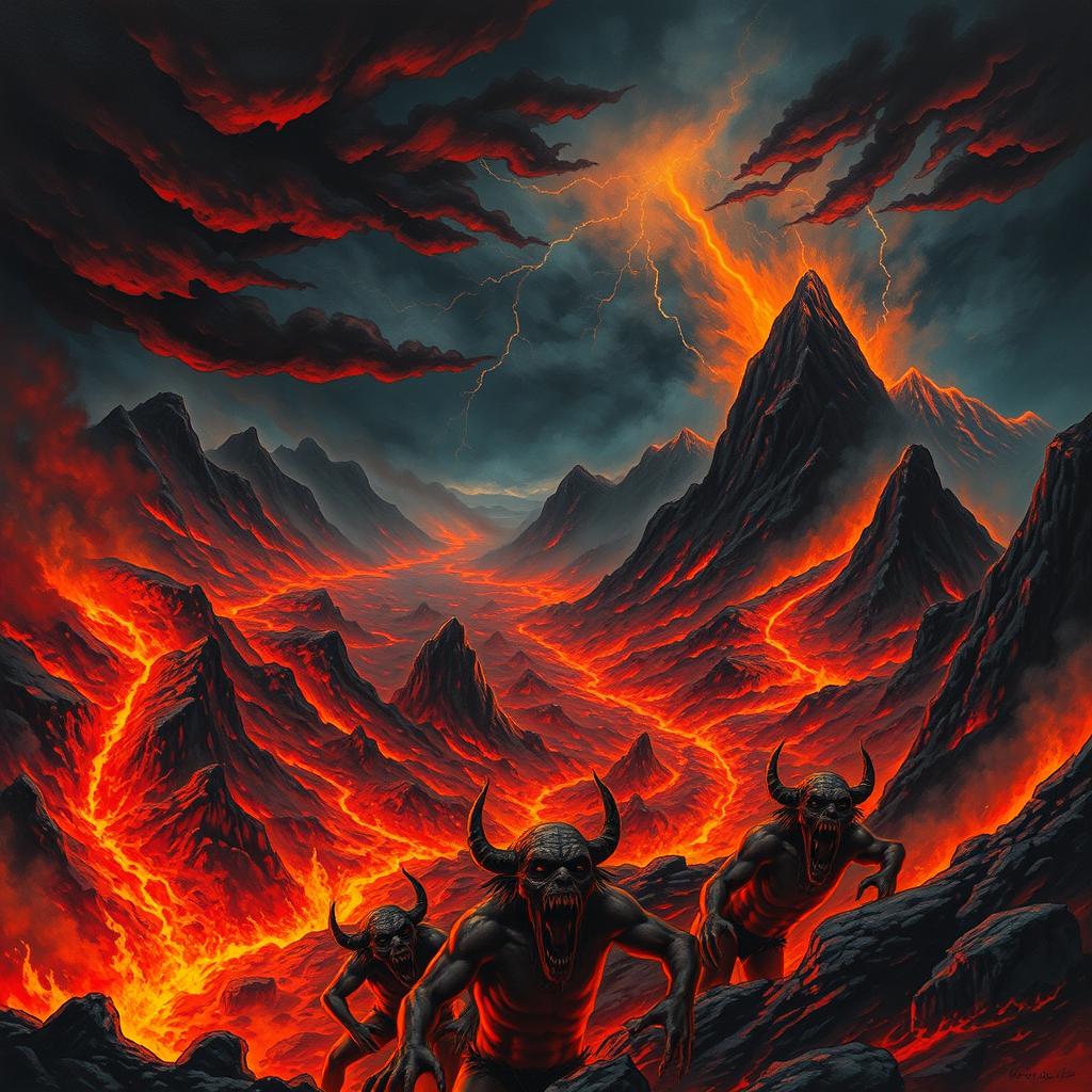 A vivid and dramatic depiction of Hell, featuring fiery landscapes, with rivers of lava flowing through a barren, desolate terrain