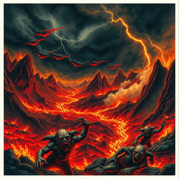 A vivid and dramatic depiction of Hell, featuring fiery landscapes, with rivers of lava flowing through a barren, desolate terrain