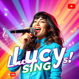 A vibrant YouTube thumbnail featuring a stylish young woman named Lucy, with a confident expression as she sings passionately into a microphone