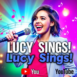 A vibrant YouTube thumbnail featuring a stylish young woman named Lucy, with a confident expression as she sings passionately into a microphone