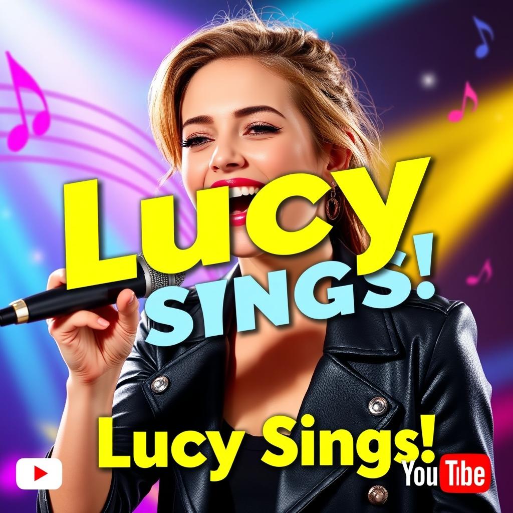 A vibrant YouTube thumbnail featuring a stylish young woman named Lucy, with a confident expression as she sings passionately into a microphone