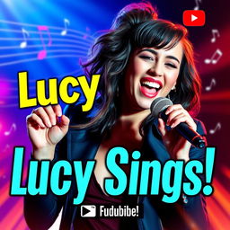 A vibrant YouTube thumbnail featuring a stylish young woman named Lucy, with a confident expression as she sings passionately into a microphone