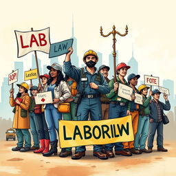 An artistic representation of the concept of labor law focusing on workers' rights and protections