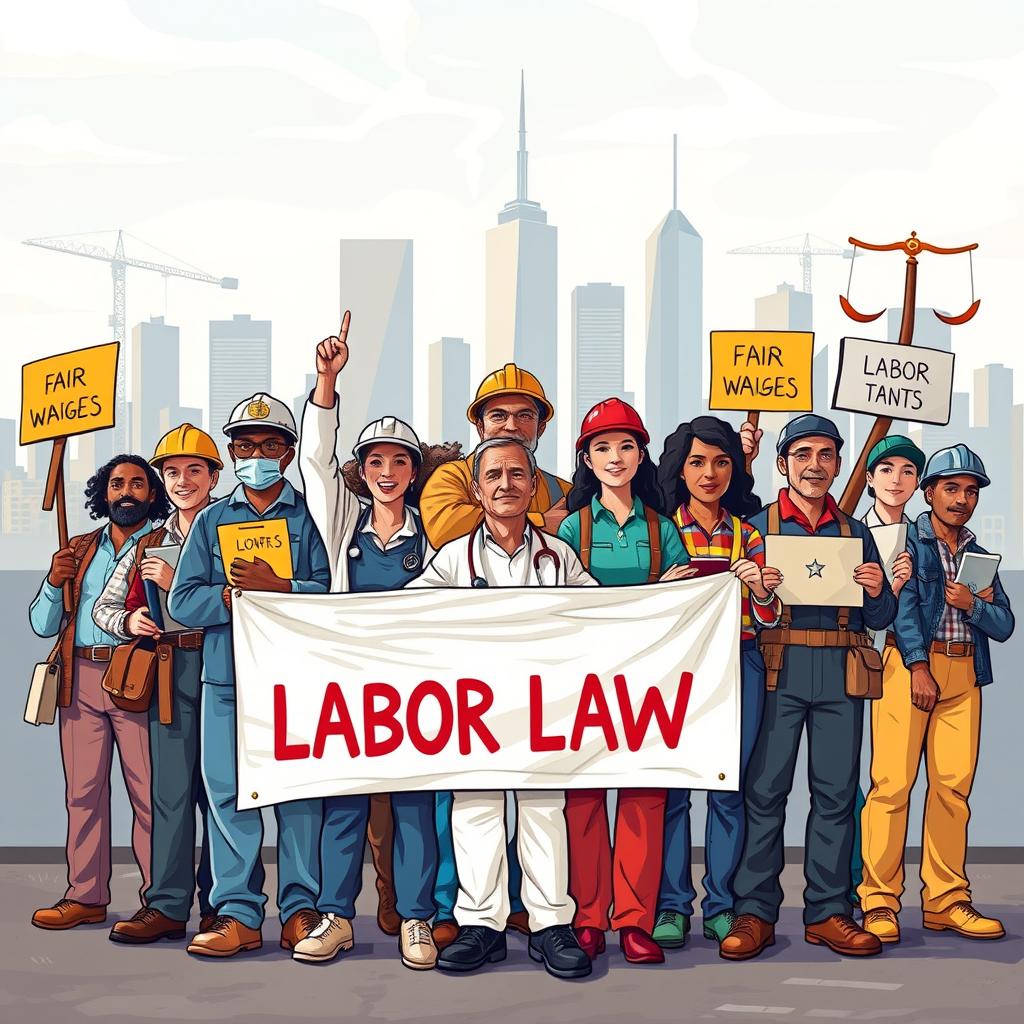 An artistic representation of the concept of labor law focusing on workers' rights and protections