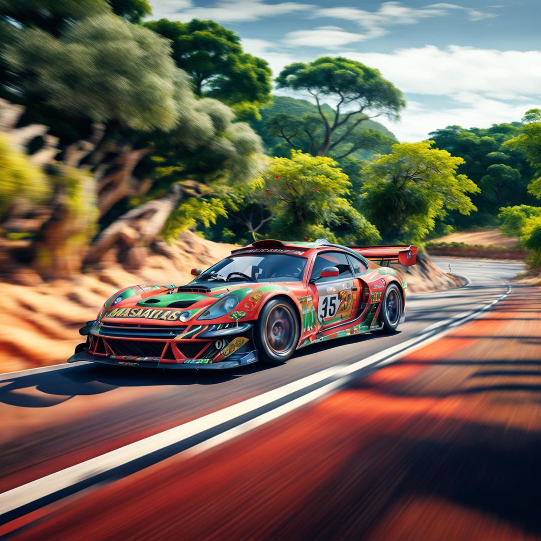 The digital art image features a race car from Madagascar, decorated with traditional Malagasy motifs and the country's flag colors