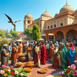 A vibrant and detailed celebration of Iranian culture and tradition, showcasing traditional Persian clothing, intricate carpets, and an array of Persian foods