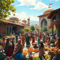 A vibrant and detailed celebration of Iranian culture and tradition, showcasing traditional Persian clothing, intricate carpets, and an array of Persian foods