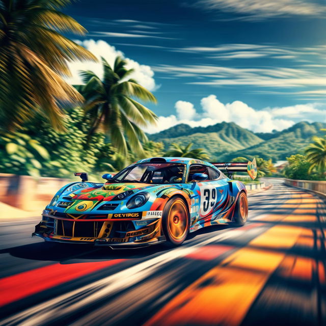 The digital art image features a race car from Seychelles, decorated with traditional Seychellois motifs and the country's flag colors