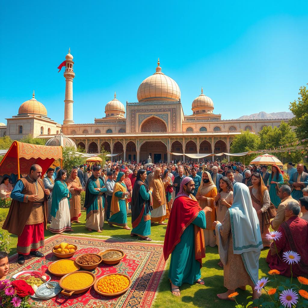 A vibrant and detailed celebration of Iranian culture and tradition, showcasing traditional Persian clothing, intricate carpets, and an array of Persian foods