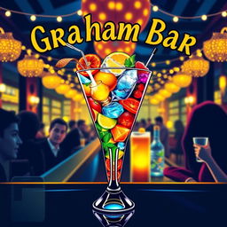 A vibrant and eye-catching poster for a bar named 'Graham Bar', featuring a stylish cocktail glass overflowing with colorful drinks
