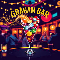 A vibrant and eye-catching poster for a bar named 'Graham Bar', featuring a stylish cocktail glass overflowing with colorful drinks
