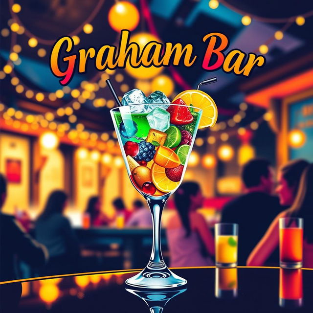 A vibrant and eye-catching poster for a bar named 'Graham Bar', featuring a stylish cocktail glass overflowing with colorful drinks