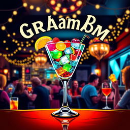 A vibrant and eye-catching poster for a bar named 'Graham Bar', featuring a stylish cocktail glass overflowing with colorful drinks