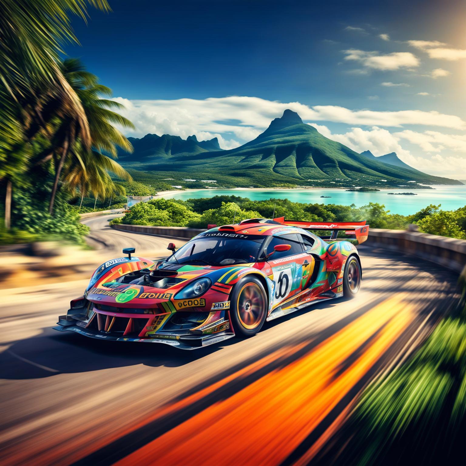 The digital art piece presents a race car from Mauritius, decorated with traditional Mauritian motifs and the country's flag colors