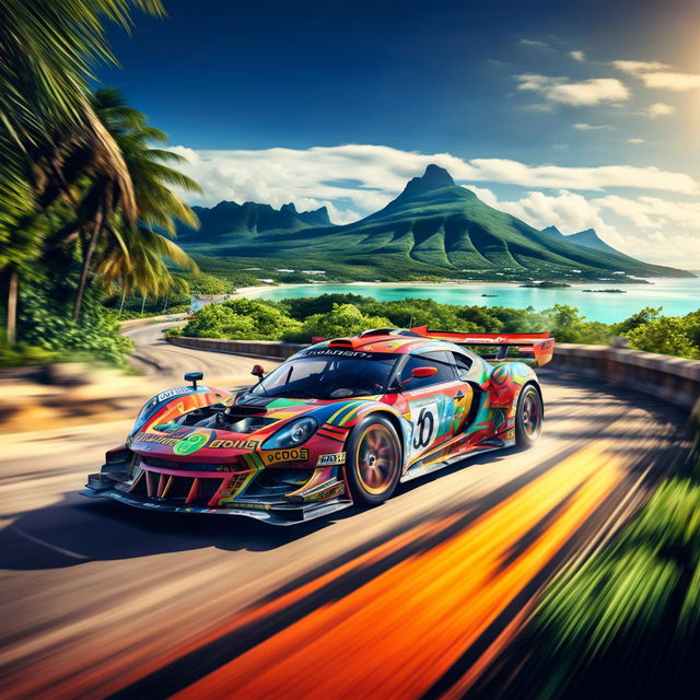 The digital art piece presents a race car from Mauritius, decorated with traditional Mauritian motifs and the country's flag colors