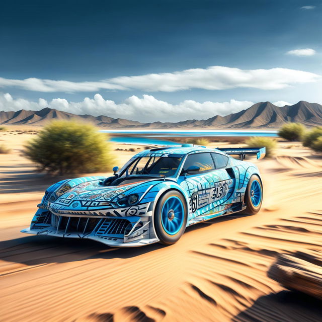 The digital art image features a race car from Somalia, decorated with traditional Somali patterns and colors