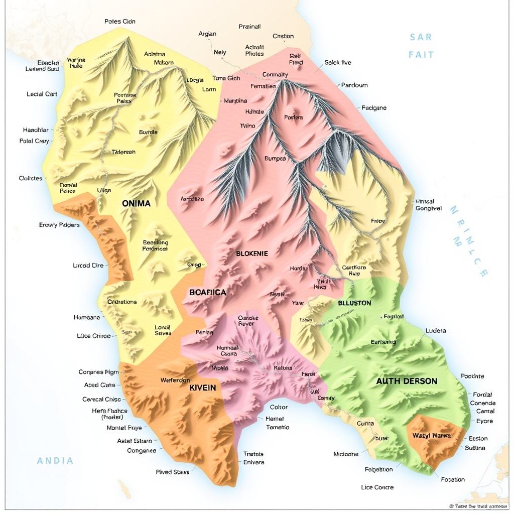 An informative and detailed map highlighting the physiographic divisions of a region, showcasing various topographical features such as mountains, valleys, plains, plateaus, and rivers