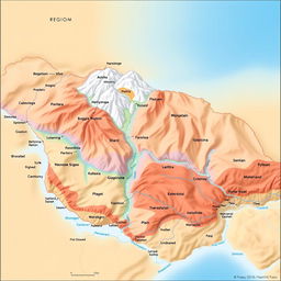 An informative and detailed map highlighting the physiographic divisions of a region, showcasing various topographical features such as mountains, valleys, plains, plateaus, and rivers