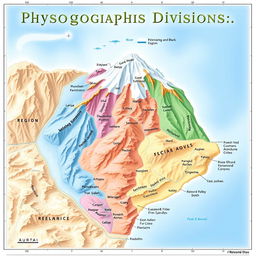 An informative and detailed map highlighting the physiographic divisions of a region, showcasing various topographical features such as mountains, valleys, plains, plateaus, and rivers