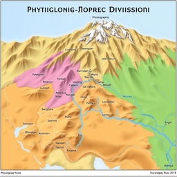 An informative and detailed map highlighting the physiographic divisions of a region, showcasing various topographical features such as mountains, valleys, plains, plateaus, and rivers