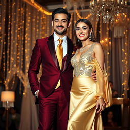 A full body portrait of an elegant couple at a fashion party, showcasing their stylish attire