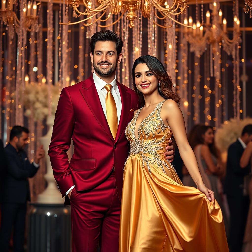 A full body portrait of an elegant couple at a fashion party, showcasing their stylish attire