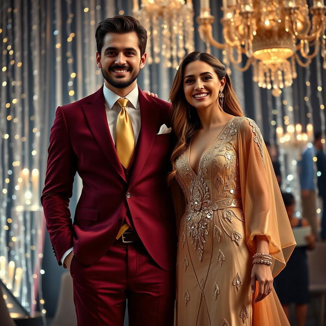 A full body portrait of an elegant couple at a fashion party, showcasing their stylish attire