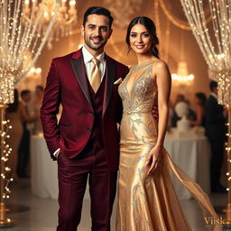 A full body portrait of an elegant couple at a fashion party, showcasing their stylish attire