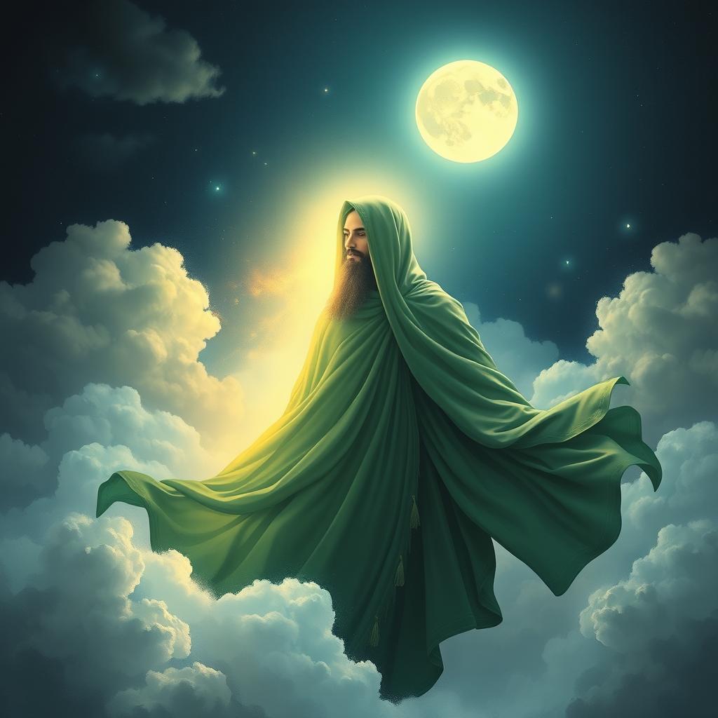 A mystical scene depicting Imam e Zamana, wearing a flowing green dress, surrounded by ethereal clouds under a luminous night sky