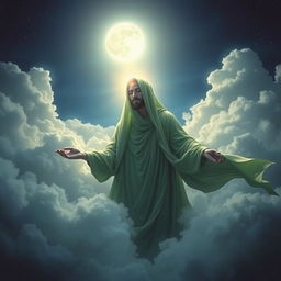 A mystical scene depicting Imam e Zamana, wearing a flowing green dress, surrounded by ethereal clouds under a luminous night sky